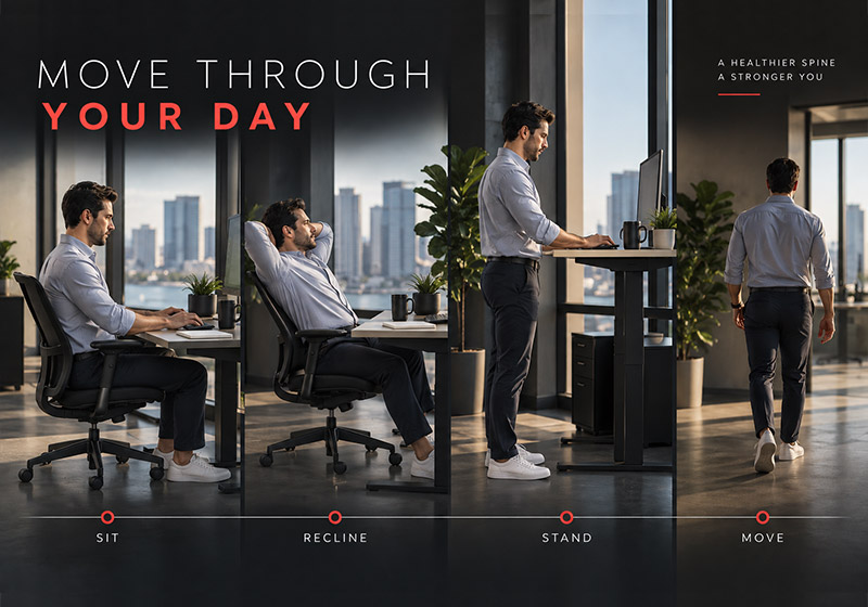 Different desk working positions showing the importance of changing posture throughout the day